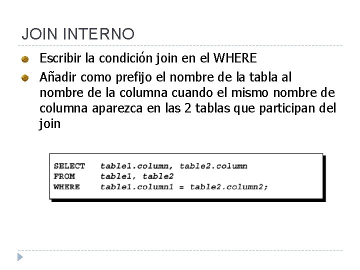 JOIN INTERNO Escribir la condición join en el WHERE Añadir como prefijo el nombre JOIN INTERNO Escribir la condición join en el WHERE Añadir como prefijo el nombre