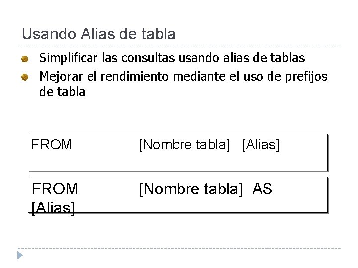 Usando Alias de tabla Simplificar las consultas usando alias de tablas Mejorar el rendimiento Usando Alias de tabla Simplificar las consultas usando alias de tablas Mejorar el rendimiento