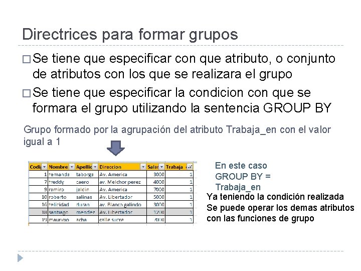Directrices para formar grupos � Se tiene que especificar con que atributo, o conjunto Directrices para formar grupos � Se tiene que especificar con que atributo, o conjunto