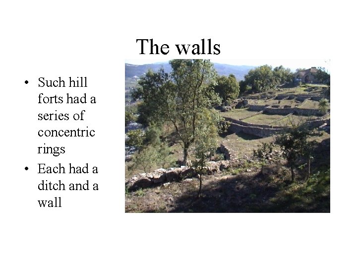 The walls • Such hill forts had a series of concentric rings • Each