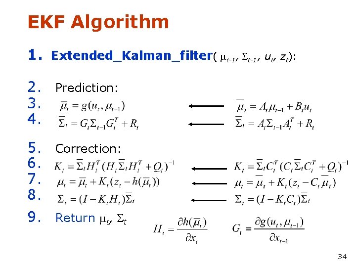 EKF Algorithm 1. Extended_Kalman_filter( mt-1, St-1, ut, zt): 2. Prediction: 3. 4. 5. Correction: