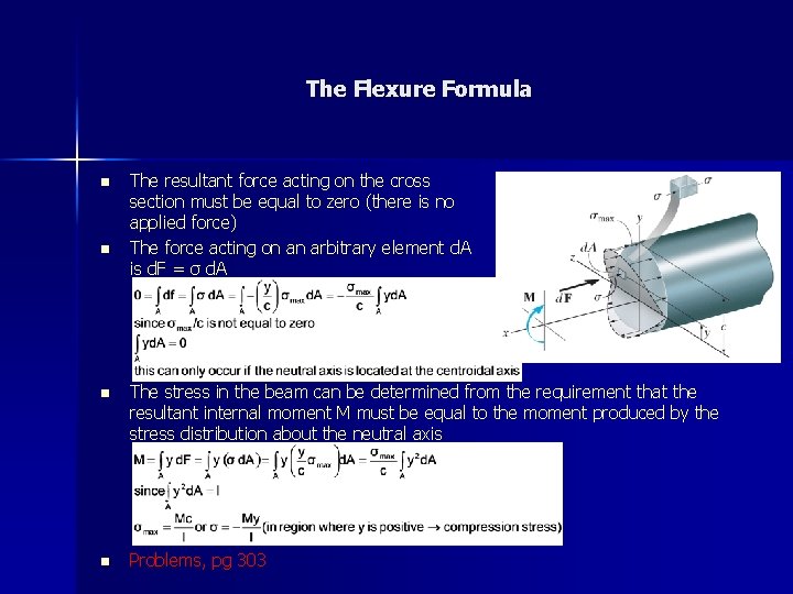 The Flexure Formula n n The resultant force acting on the cross section must