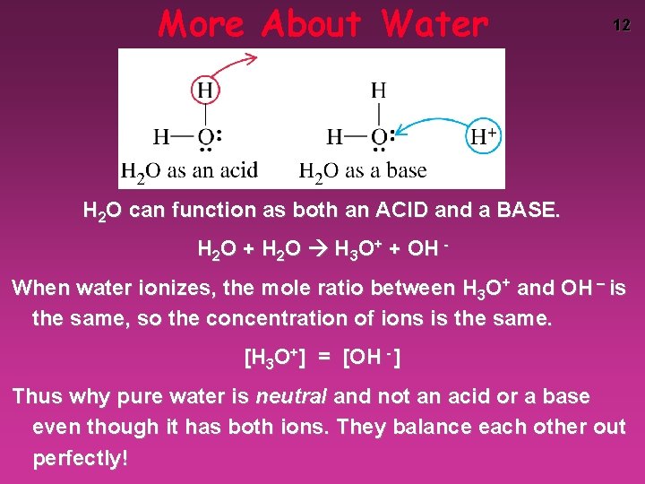 More About Water 12 H 2 O can function as both an ACID and