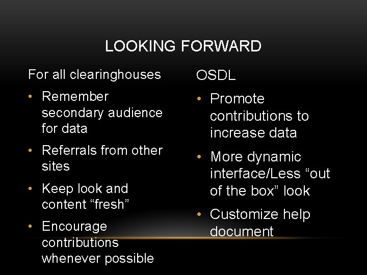 LOOKING FORWARD For all clearinghouses OSDL • Remember secondary audience for data • Promote
