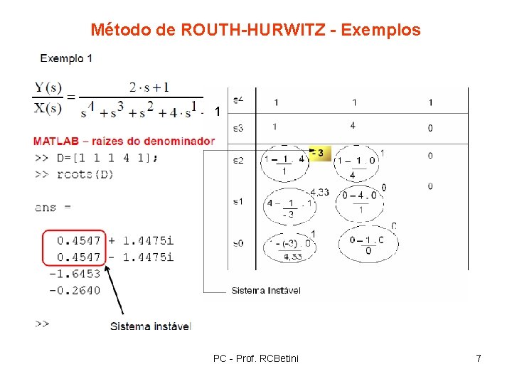 Método de ROUTH-HURWITZ - Exemplos 1 PC - Prof. RCBetini 7 