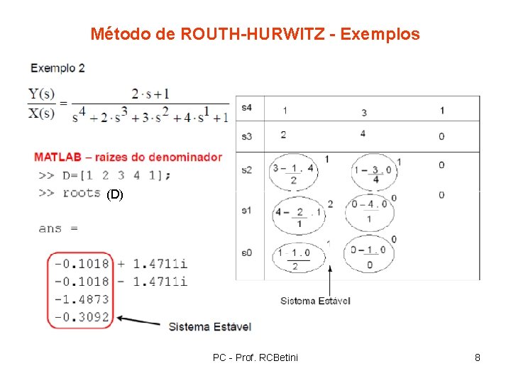 Método de ROUTH-HURWITZ - Exemplos (D) PC - Prof. RCBetini 8 