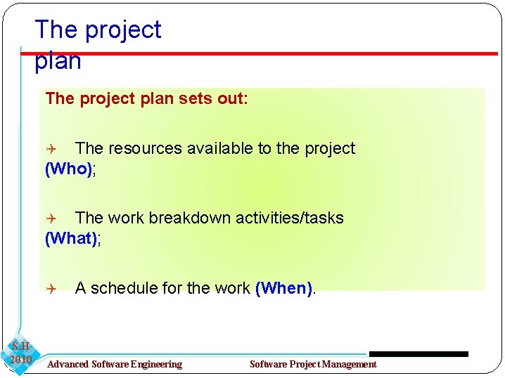 The project plan sets out: The resources available to the project (Who); The work