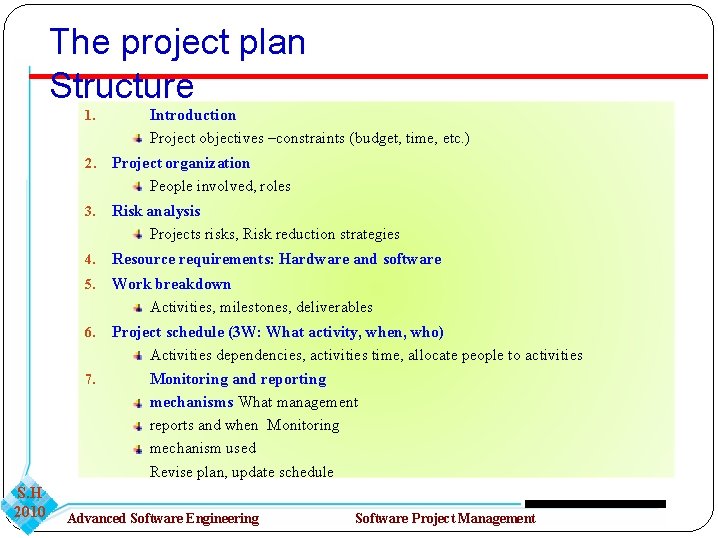 The project plan Structure 1. 2. Project organization People involved, roles 3. Risk analysis