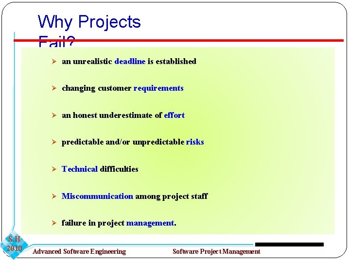 Why Projects Fail? an unrealistic deadline is established changing customer requirements an honest underestimate