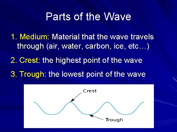 Parts of the Wave 1. Medium: Material that the wave travels through (air, water,