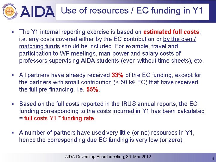 Use of resources / EC funding in Y 1 § The Y 1 internal