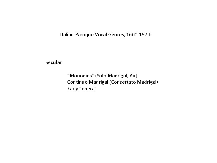 Italian Baroque Vocal Genres, 1600 -1670 Secular “Monodies” (Solo Madrigal, Air) Continuo Madrigal (Concertato