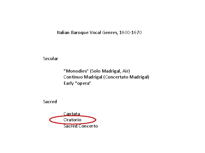 Italian Baroque Vocal Genres, 1600 -1670 Secular “Monodies” (Solo Madrigal, Air) Continuo Madrigal (Concertato