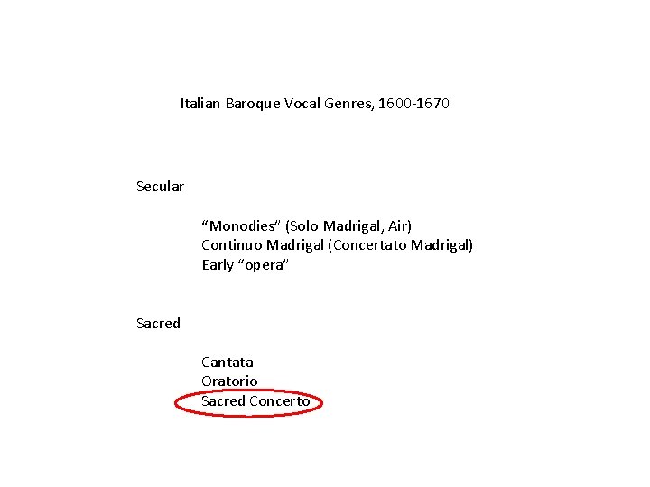 Italian Baroque Vocal Genres, 1600 -1670 Secular “Monodies” (Solo Madrigal, Air) Continuo Madrigal (Concertato