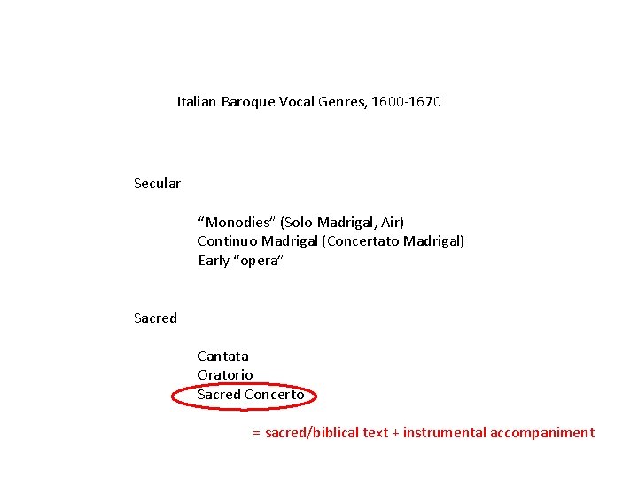 Italian Baroque Vocal Genres, 1600 -1670 Secular “Monodies” (Solo Madrigal, Air) Continuo Madrigal (Concertato