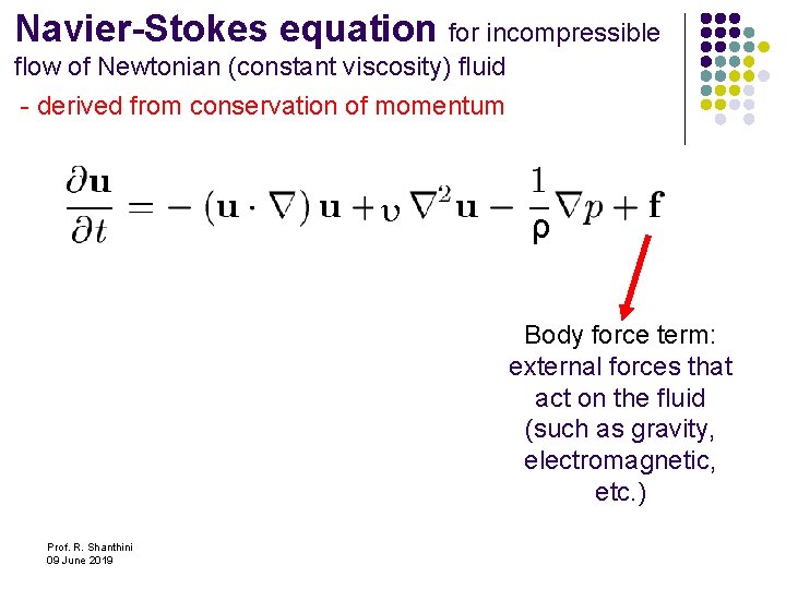 Navier-Stokes equation for incompressible flow of Newtonian (constant viscosity) fluid - derived from conservation