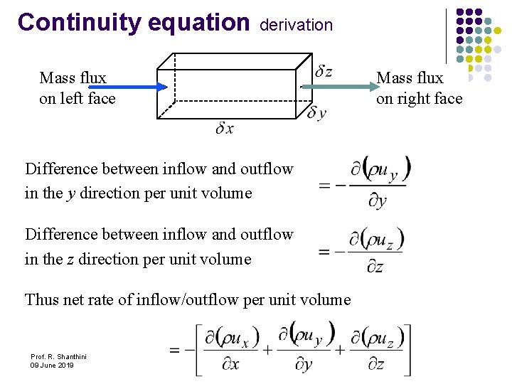 Continuity equation derivation Mass flux on left face Difference between inflow and outflow in