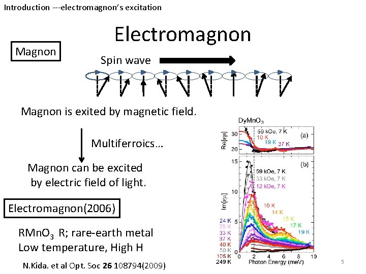 Introduction ---electromagnon’s excitation Magnon Electromagnon Spin wave Magnon is exited by magnetic field. Multiferroics…