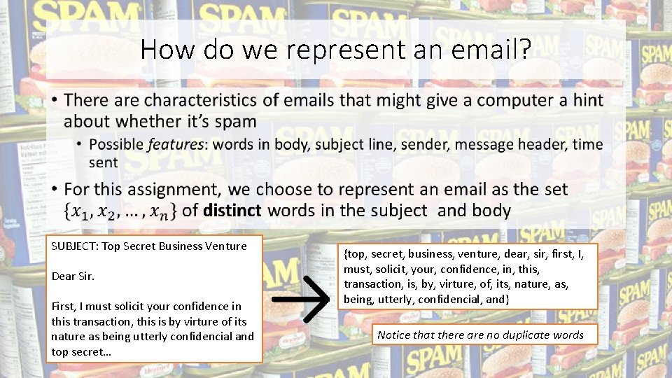 How do we represent an email? SUBJECT: Top Secret Business Venture Dear Sir. First,