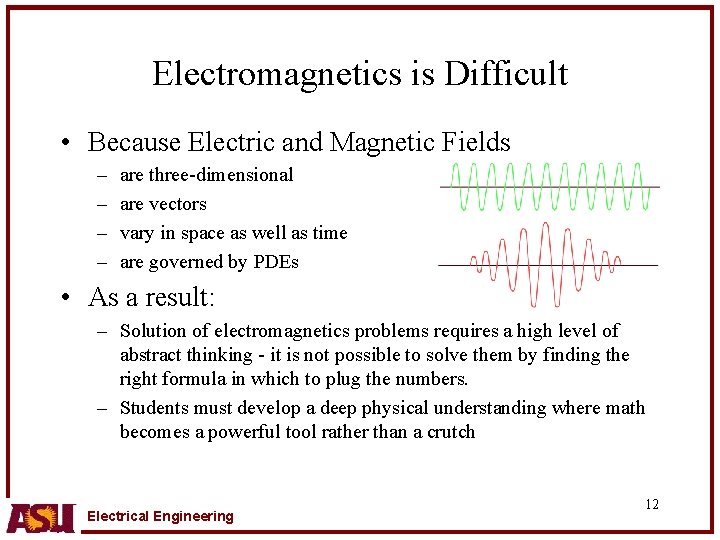 Electromagnetics is Difficult • Because Electric and Magnetic Fields – – are three-dimensional are