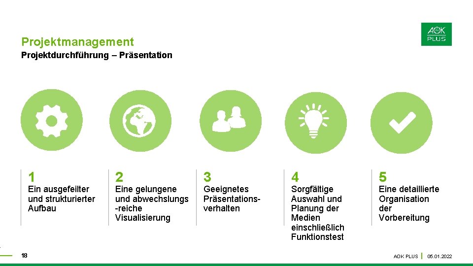 Projektmanagement Projektdurchführung – Präsentation 1 Ein ausgefeilter und strukturierter Aufbau 18 2 Eine gelungene Projektmanagement Projektdurchführung – Präsentation 1 Ein ausgefeilter und strukturierter Aufbau 18 2 Eine gelungene