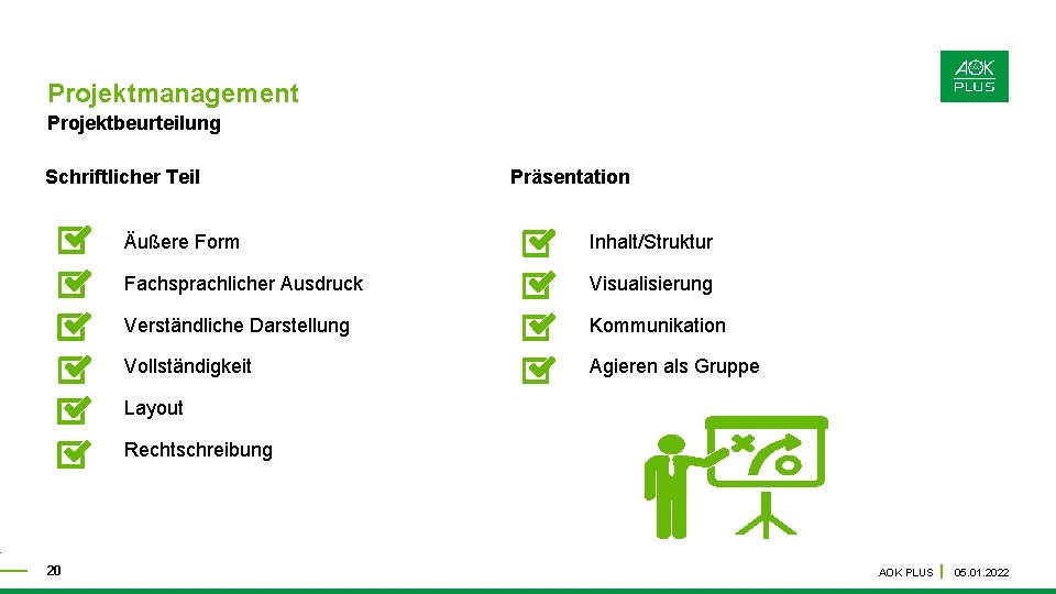 Projektmanagement Projektbeurteilung Schriftlicher Teil Präsentation Äußere Form Inhalt/Struktur Fachsprachlicher Ausdruck Visualisierung Verständliche Darstellung Kommunikation