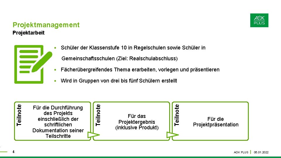 Projektmanagement Projektarbeit § Schüler der Klassenstufe 10 in Regelschulen sowie Schüler in Gemeinschaftsschulen (Ziel: