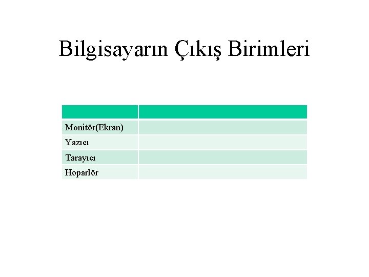 Bilgisayarın Çıkış Birimleri Monitör(Ekran) Yazıcı Tarayıcı Hoparlör 