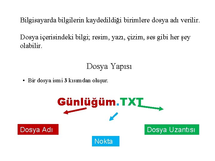 Bilgisayarda bilgilerin kaydedildiği birimlere dosya adı verilir. Dosya içerisindeki bilgi; resim, yazı, çizim, ses