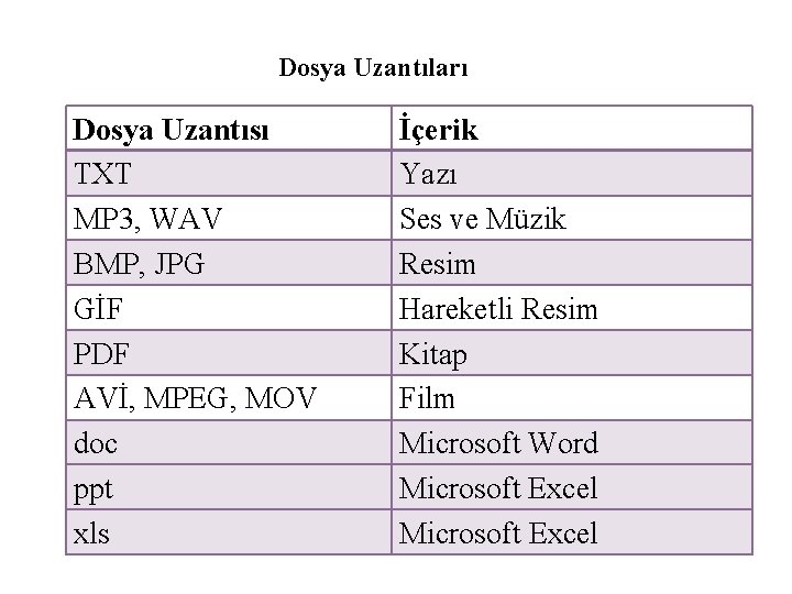 Dosya Uzantıları Dosya Uzantısı TXT MP 3, WAV BMP, JPG GİF PDF AVİ, MPEG,