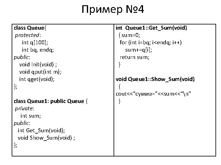 Пример № 4 class Queue{ protected: int q[100]; int bq, endq; public: void Init(void)