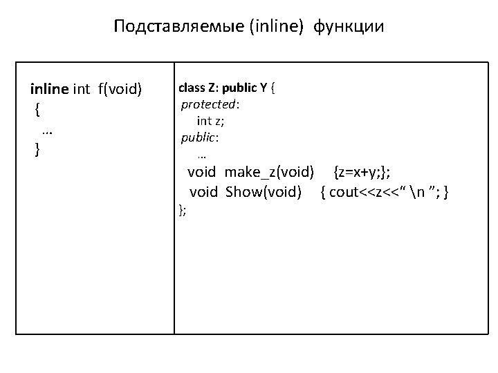 Подставляемые (inline) функции inline int f(void) { … } class Z: public Y {