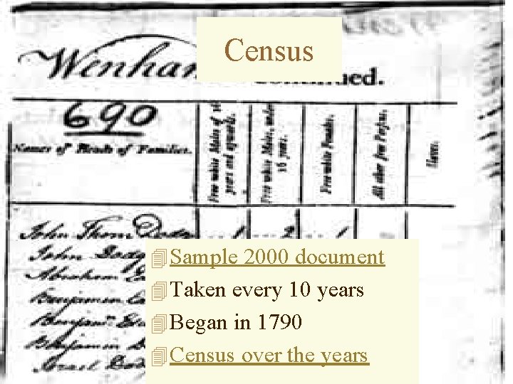 Census 4 Sample 2000 document 4 Taken every 10 years 4 Began in 1790
