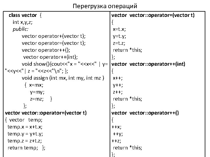 Перегрузка операций class vector { int x, y, z; public: vector operator+(vector t); vector