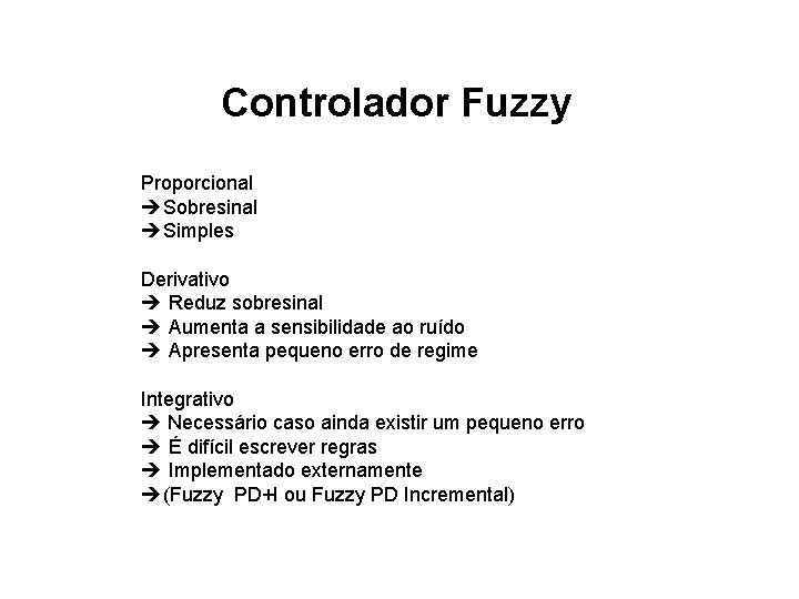 Controlador Fuzzy Proporcional Sobresinal Simples Derivativo Reduz sobresinal Aumenta a sensibilidade ao ruído Apresenta