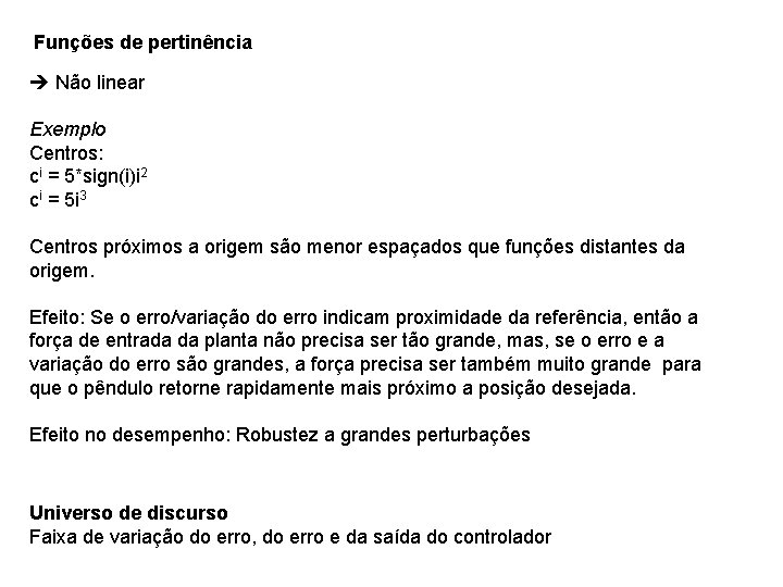 Funções de pertinência Não linear Exemplo Centros: ci = 5*sign(i)i 2 ci = 5