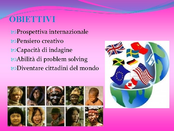 OBIETTIVI Prospettiva internazionale Pensiero creativo Capacità di indagine Abilità di problem solving Diventare cittadini