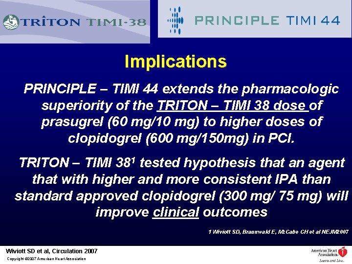 Implications PRINCIPLE – TIMI 44 extends the pharmacologic superiority of the TRITON – TIMI