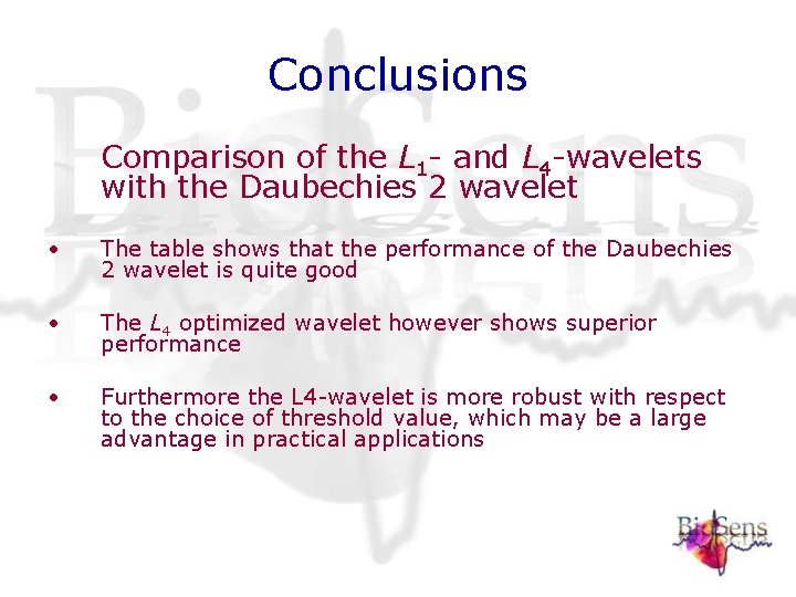 Conclusions Comparison of the L 1 - and L 4 -wavelets with the Daubechies Conclusions Comparison of the L 1 - and L 4 -wavelets with the Daubechies