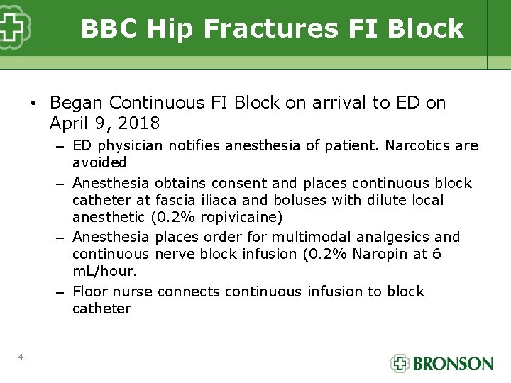 BBC Hip Fractures FI Block • Began Continuous FI Block on arrival to ED