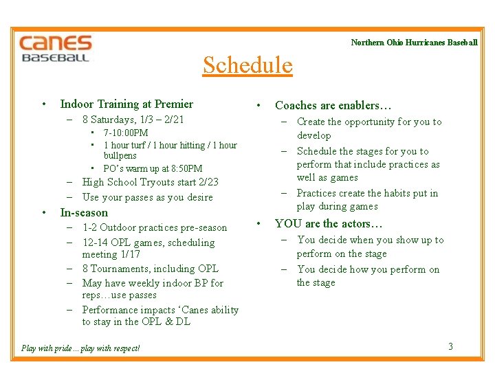 Northern Ohio Hurricanes Baseball Schedule • Indoor Training at Premier • – 8 Saturdays,