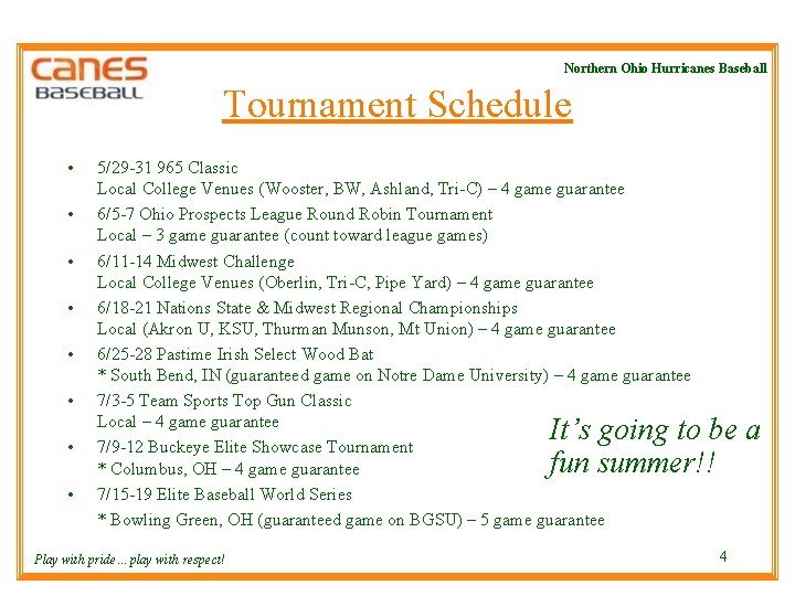 Northern Ohio Hurricanes Baseball Tournament Schedule • • 5/29 -31 965 Classic Local College