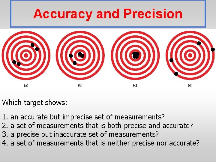 Accuracy and Precision Which target shows: 1. 2. 3. 4. an accurate but imprecise