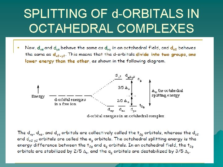 SPLITTING OF d-ORBITALS IN OCTAHEDRAL COMPLEXES 