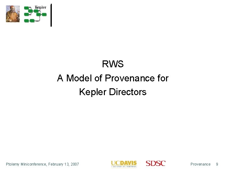 RWS A Model of Provenance for Kepler Directors Ptolemy Miniconference, February 13, 2007 Provenance