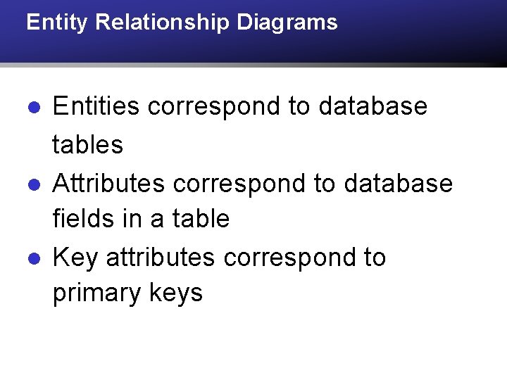 Entity Relationship Diagrams l l l Entities correspond to database tables Attributes correspond to Entity Relationship Diagrams l l l Entities correspond to database tables Attributes correspond to