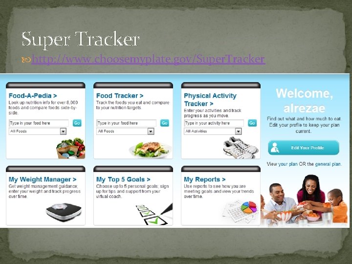 Super Tracker http: //www. choosemyplate. gov/Super. Tracker 