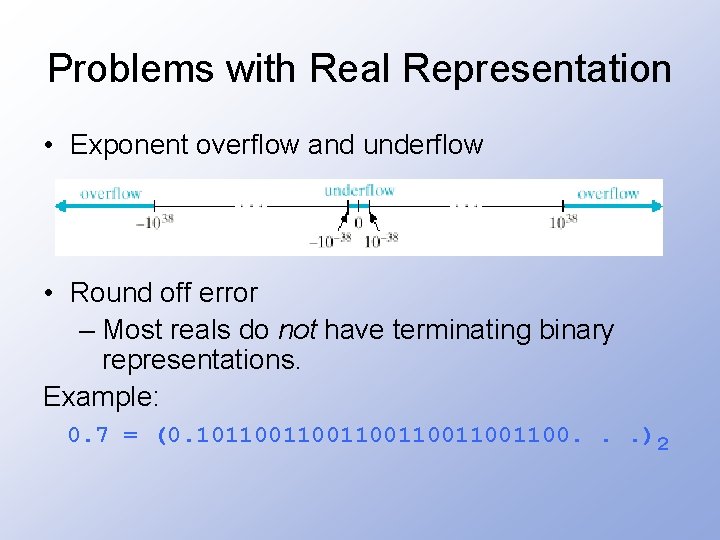 Problems with Real Representation • Exponent overflow and underflow • Round off error –