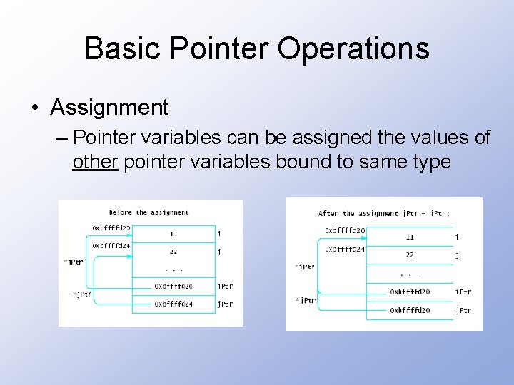 Basic Pointer Operations • Assignment – Pointer variables can be assigned the values of
