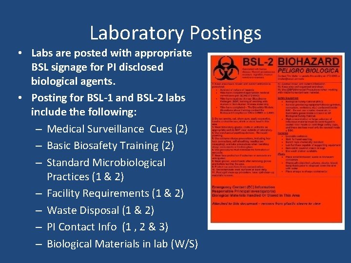 Laboratory Postings • Labs are posted with appropriate BSL signage for PI disclosed biological